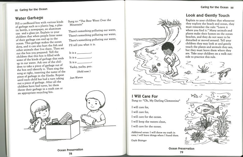 May include: Black and white illustrations from a children's book about ocean preservation. One page shows children sorting garbage, the other shows a child near the ocean. Text includes song lyrics.