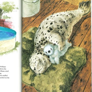 May include: Illustration of a spotted seal lying on a green cushion, with a small white stuffed animal resting on its chest. The seal has a smiling expression. The background shows wooden planks and a glimpse of a pool.