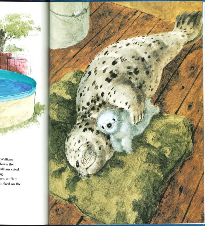 May include: Illustration of a spotted seal lying on a green cushion, with a small white stuffed animal resting on its chest. The seal has a smiling expression. The background shows wooden planks and a glimpse of a pool.