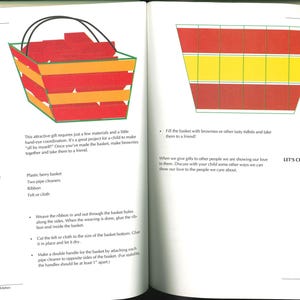 May include: Illustration of a brownie basket with red and orange stripes, a black handle, and a green outline. The text "BROWNIE BASKET" is at the top. The page also includes instructions and a list of materials.