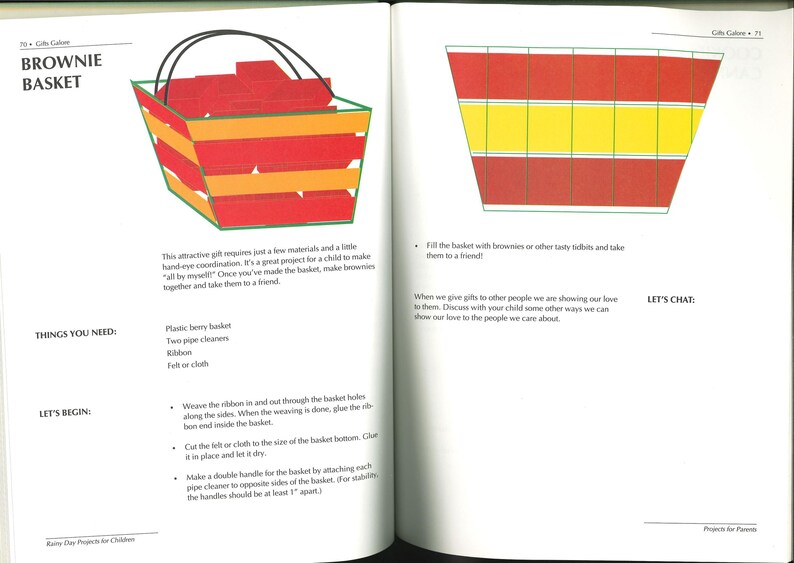 May include: Illustration of a brownie basket with red and orange stripes, a black handle, and a green outline. The text "BROWNIE BASKET" is at the top. The page also includes instructions and a list of materials.