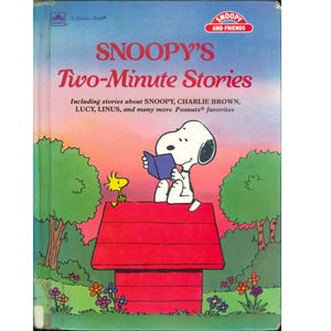 vintage childrens Golden Book, Snoopys Two Minute Stories, Charles Schultz, Peanuts Gang, comic strip cartoon characters, bedtime storybook