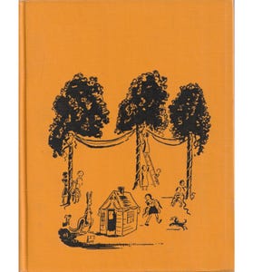 May include: A black and white illustration of a children's book cover featuring a small house, trees, and children playing. The background is a solid orange color.