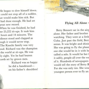May include: A vintage book spread with text and illustrations. One page shows a boy doing a handstand on his father's shoulders. The opposite page features an airplane illustration and the title "Flying All Alone".