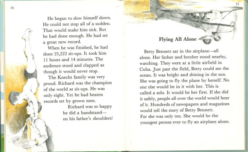 May include: A vintage book spread with text and illustrations. One page shows a boy doing a handstand on his father's shoulders. The opposite page features an airplane illustration and the title "Flying All Alone".