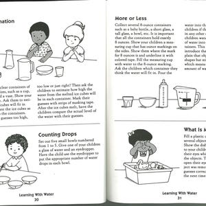 May include: Black and white illustrations from a children's learning book. The pages show activities like estimating ice cubes, counting drops, and comparing volumes using various containers and drawings of children.