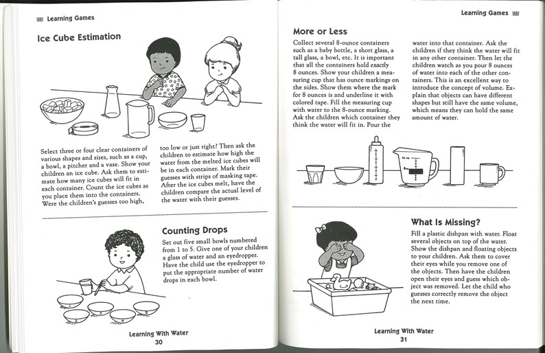 May include: Black and white illustrations from a children's learning book. The pages show activities like estimating ice cubes, counting drops, and comparing volumes using various containers and drawings of children.