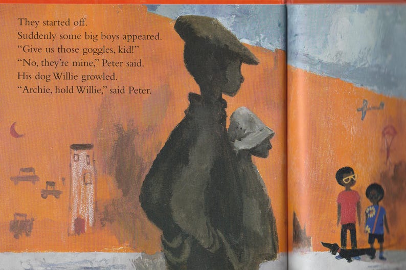 K&ouml;nnte beinhalten: Eine Schwarzwei&szlig;illustration eines Jungen mit Hut und Mantel, der mit einem Hund steht. Der Junge sagt: "Archie, halt Willie." Der Text "Sie machten sich auf den Weg. Pl&ouml;tzlich tauchten ein paar gro&szlig;e Jungs auf. "Gib uns die Brille, Kleiner!" "Nein, die sind meine", sagte Peter. Sein Hund Willie knurrte." ist im Bild zu sehen.