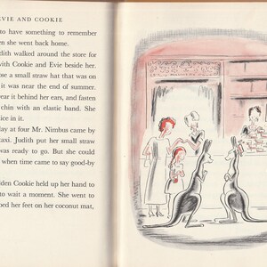 May include: A black and white illustration of a girl buying a straw hat from a shop with two kangaroos standing in front of her. The sign above the counter reads "Sale Any Hat 10&cent;".