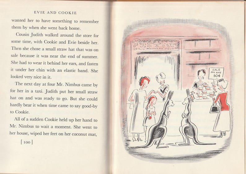 May include: A black and white illustration of a girl buying a straw hat from a shop with two kangaroos standing in front of her. The sign above the counter reads "Sale Any Hat 10&cent;".