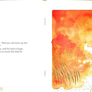 May include: A book page spread featuring a watercolor illustration of a green dragon breathing fire toward a small figure. The text reads: "Is it true," said Elizabeth, "that you can burn up ten forests with your fiery breath?" "Oh, yes," said the dragon.