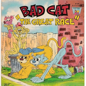 vintage childrens picture book Bad Cat the Great Race by David Vincent, pet cat, alley cats, cat cartoon characters, feline gang, cat lover