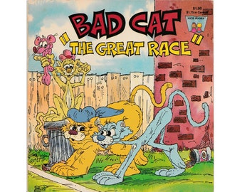 vintage childrens picture book Bad Cat the Great Race by David Vincent, pet cat, alley cats, cat cartoon characters, feline gang, cat lover