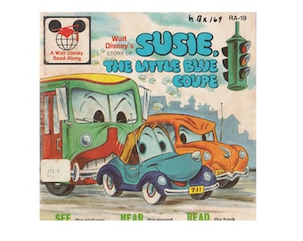 vintage Walt Disney Read Along childrens picture book Susie the Little Blue Coupe, car restoration, blue automobile, classic car rescue