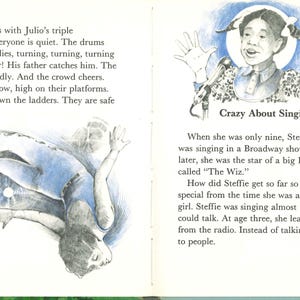 May include: A children's book illustration with text and drawings. One page shows a gymnast in mid-air, while the facing page features a portrait of a girl with the title "Crazy About Singing" and text about her.