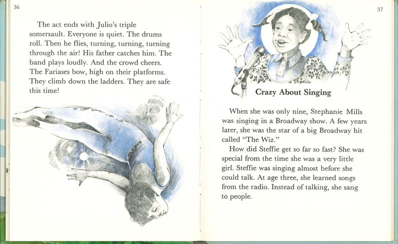 May include: A children's book illustration with text and drawings. One page shows a gymnast in mid-air, while the facing page features a portrait of a girl with the title "Crazy About Singing" and text about her.