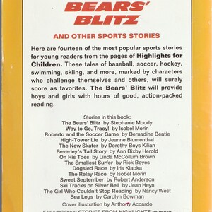 May include: A book cover for "The Bears' Blitz" and other sports stories. The title is in red, with a football graphic. The book features stories about baseball, soccer, hockey, swimming, and skiing, from Highlights for Children.