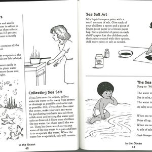 May include: Black and white illustrations from a children's book about sea water. The pages show facts about sea water, collecting sea salt, and sea salt art. Includes text and drawings of the ocean.