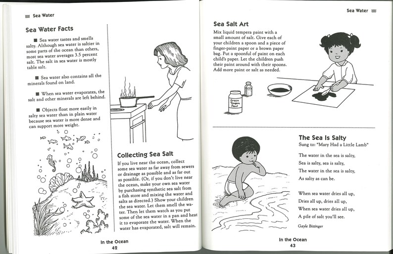 May include: Black and white illustrations from a children's book about sea water. The pages show facts about sea water, collecting sea salt, and sea salt art. Includes text and drawings of the ocean.