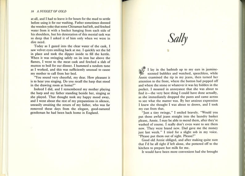 May include: Open book pages with text. The left page has the title "A NUGGET OF GOLD" and text. The right page has the title "Sally" and text. The text is in black font on a cream-colored background.