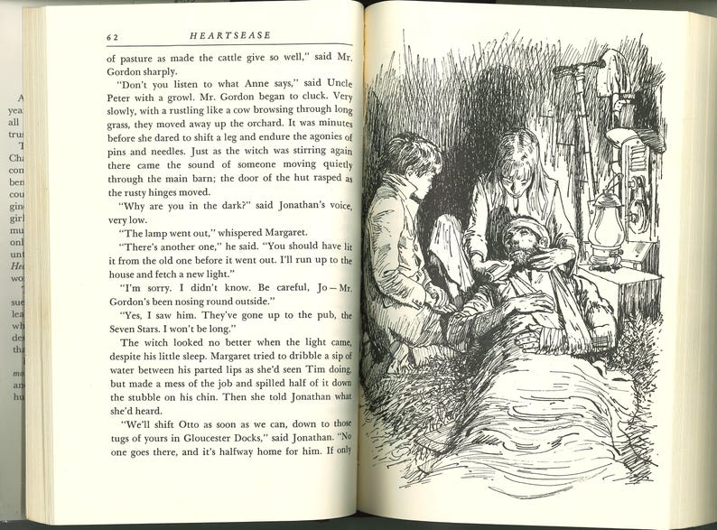 May include: An illustration from a book depicting a scene with three figures attending to a man lying down. The image is in black and white, with detailed linework, suggesting a vintage style. The scene is set outdoors, with a lantern visible.