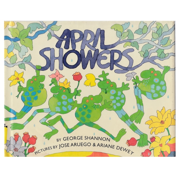 vintage childrens preschool picture book April Showers by George Shannon, springtime, spring weather, rainy day, dancing frogs, rain dance