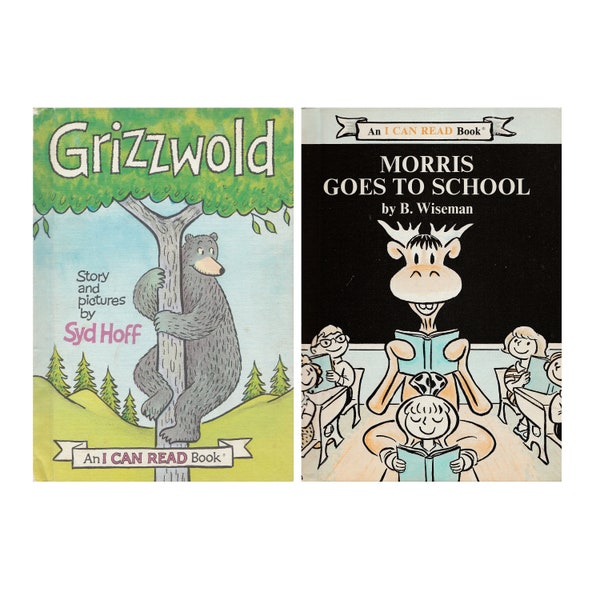2 vintage I Can Read Book childrens easy reader books Grizzwold by Syd Hoff, Morris Goes to School by Bernard Wiseman, beginner reader book
