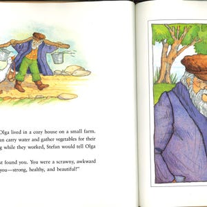 May include: A children's book illustration. One image shows a man with buckets and a goose, the other a man with a goose. The text tells a story of farm life and a goose's growth, with a quote about its transformation.
