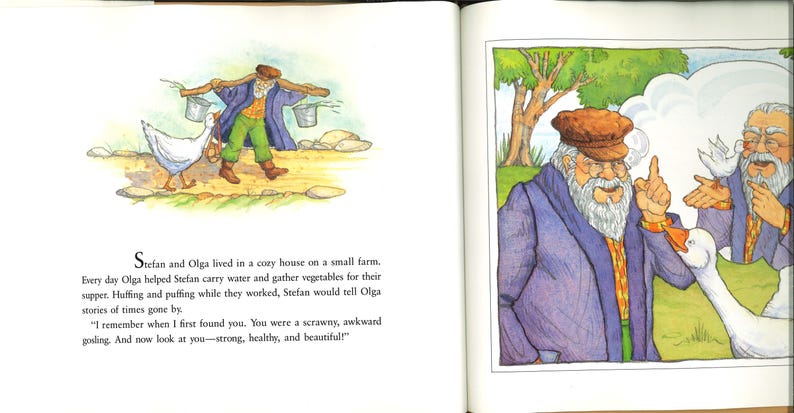 May include: A children's book illustration. One image shows a man with buckets and a goose, the other a man with a goose. The text tells a story of farm life and a goose's growth, with a quote about its transformation.