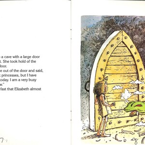 May include: A page from a children's book featuring a line drawing of a person standing before a large, arched wooden door set into a cave. A green dragon with a red-spotted neckerchief pokes its head out of the door, surrounded by small clouds.
