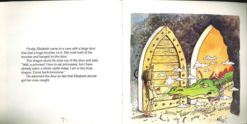 May include: A page from a children's book featuring a line drawing of a person standing before a large, arched wooden door set into a cave. A green dragon with a red-spotted neckerchief pokes its head out of the door, surrounded by small clouds.
