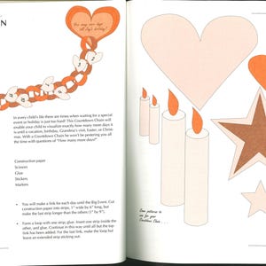 May include: A page from a children's craft book features a countdown chain craft. The chain is made of orange paper links with white heart-shaped tags. The page also shows heart, star, and candle shapes for other crafts.