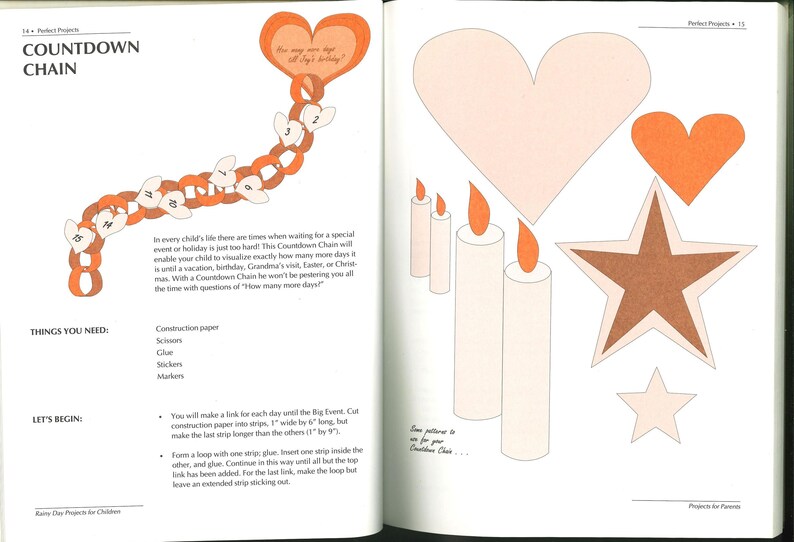 May include: A page from a children's craft book features a countdown chain craft. The chain is made of orange paper links with white heart-shaped tags. The page also shows heart, star, and candle shapes for other crafts.