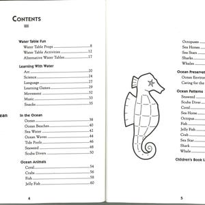 May include: A two-page spread from a children's book. The left page lists "Contents" with sections on water and ocean exploration. The right page features a seahorse illustration and more content listings, including ocean animals and patterns.