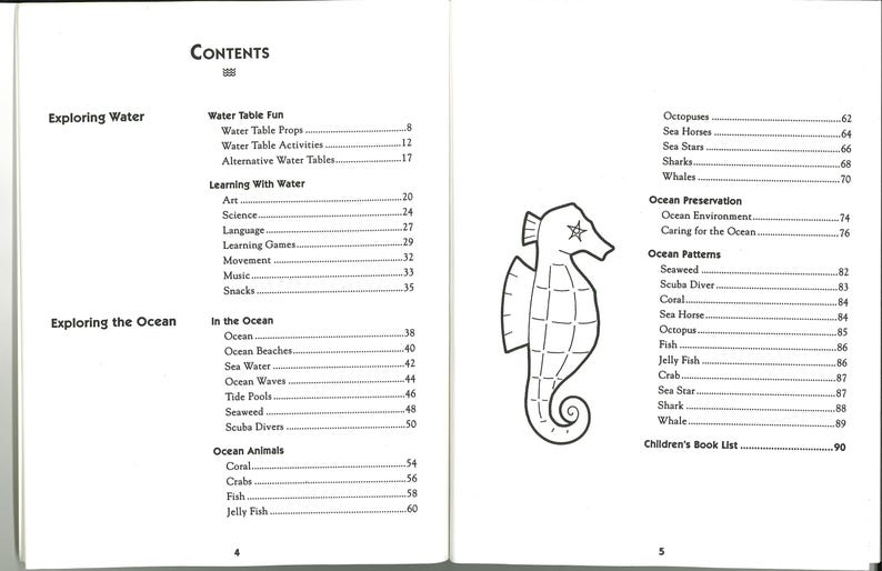 May include: A two-page spread from a children's book. The left page lists "Contents" with sections on water and ocean exploration. The right page features a seahorse illustration and more content listings, including ocean animals and patterns.