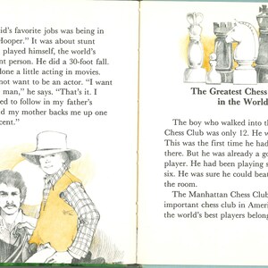 May include: An open book with illustrations and text. One page features a drawing of two men, one wearing a hat and vest. The opposite page has chess pieces and the title "The Greatest Chess Player in the World."