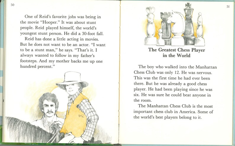 May include: An open book with illustrations and text. One page features a drawing of two men, one wearing a hat and vest. The opposite page has chess pieces and the title "The Greatest Chess Player in the World."