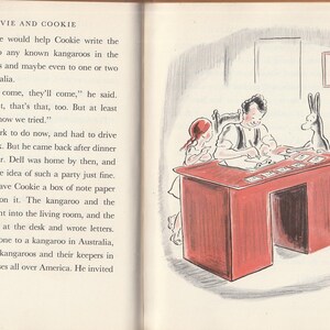 May include: A black and white illustration of a kangaroo and a person sitting at a desk writing invitations. The text in the image reads "Evie and Cookie" and "If they'll come, they'll come."