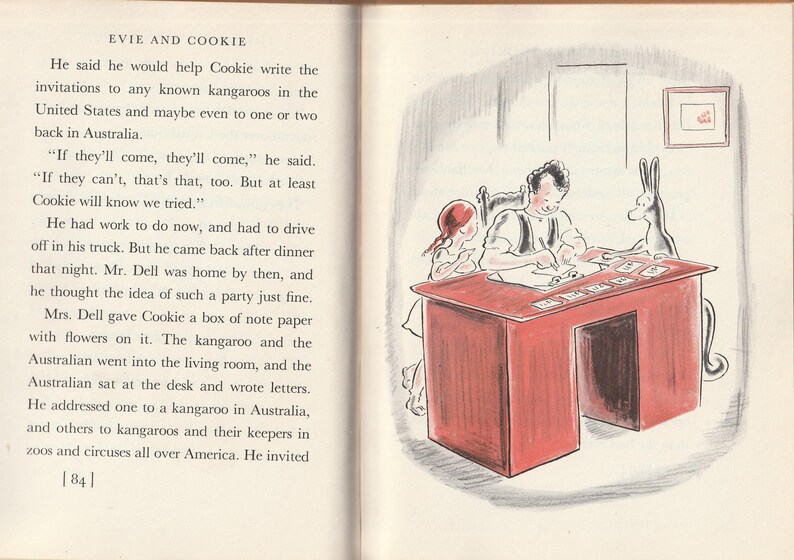 May include: A black and white illustration of a kangaroo and a person sitting at a desk writing invitations. The text in the image reads "Evie and Cookie" and "If they'll come, they'll come."