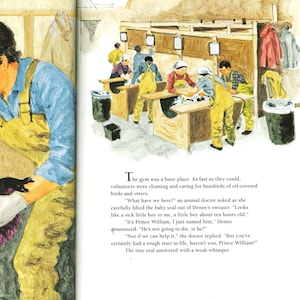 May include: An illustration from a children's book shows volunteers in yellow overalls caring for animals. The scene includes wooden tables, trash cans, and a person holding a small seal. The text on the page describes the scene.