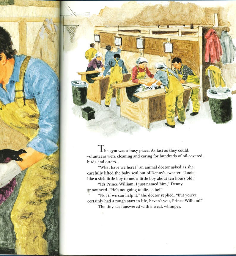 May include: An illustration from a children's book shows volunteers in yellow overalls caring for animals. The scene includes wooden tables, trash cans, and a person holding a small seal. The text on the page describes the scene.