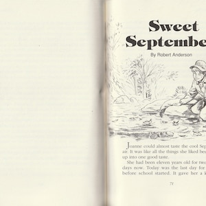 May include: An open book page with the title "Sweet September" and the author's name. An illustration depicts a child fishing in a stream. Text below describes the scene and the child's feelings.
