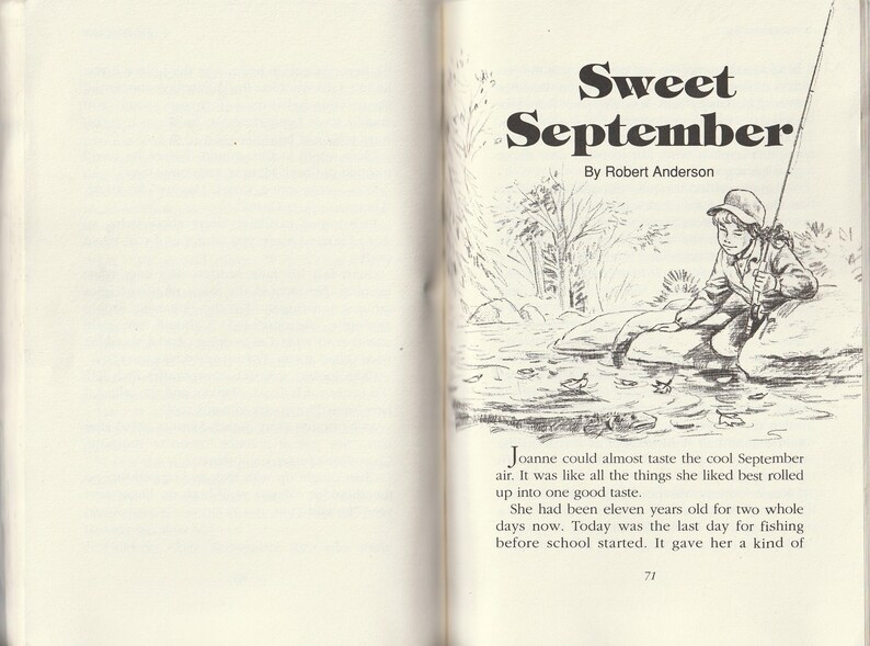 May include: An open book page with the title "Sweet September" and the author's name. An illustration depicts a child fishing in a stream. Text below describes the scene and the child's feelings.