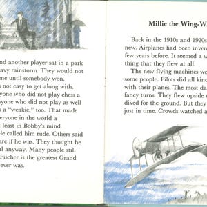 May include: An illustration from a children's book shows two scenes. One depicts two people playing chess in the rain, and the other shows a biplane in flight. Text on the pages tells a story.