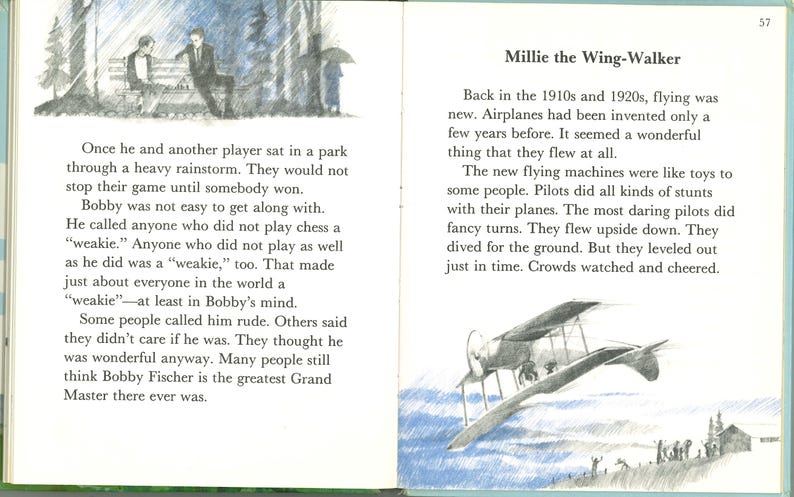 May include: An illustration from a children's book shows two scenes. One depicts two people playing chess in the rain, and the other shows a biplane in flight. Text on the pages tells a story.