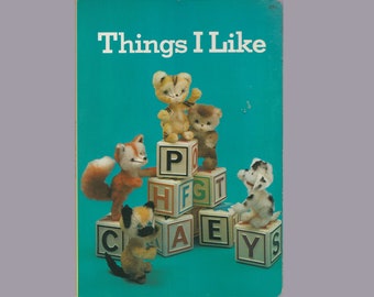 vintage 1970s Whitman baby board book Things I Like, todder board book, tiny stuffed animals, household objects, dog, cat, bear, fox, tiger