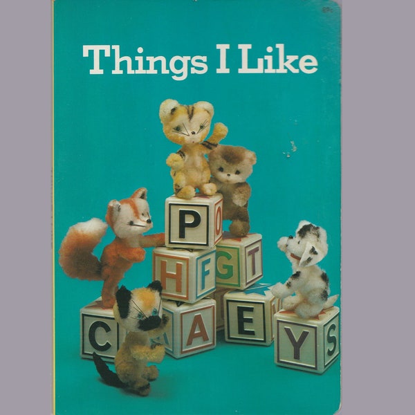 vintage 1970s Whitman baby board book Things I Like, todder board book, tiny stuffed animals, household objects, dog, cat, bear, fox, tiger