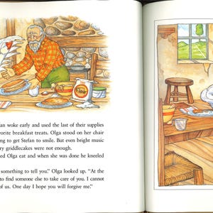 May include: A children's book illustration shows a man and a goose in a kitchen. The man, in an orange plaid shirt, kneels beside the goose. Pancakes and flour are on the table. The scene has a rustic feel.