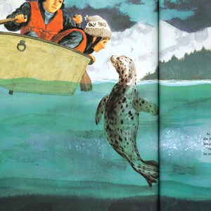May include: Illustration of a boat with two people looking at a seal in the water. The seal has a spotted pattern. The people are wearing hats and life vests. The water is a teal color.