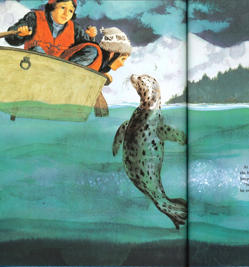 May include: Illustration of a boat with two people looking at a seal in the water. The seal has a spotted pattern. The people are wearing hats and life vests. The water is a teal color.